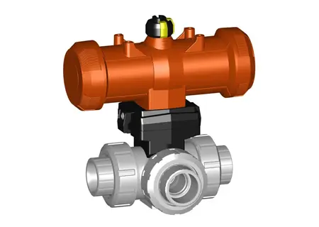 Valvola a sfera a 3 vie tipo 285 PVC-C versione orizzontale/sfera a L doppia azione senza comando manuale di emergenza attacchi femmina per incollaggio metrico GF+-Tubiplast